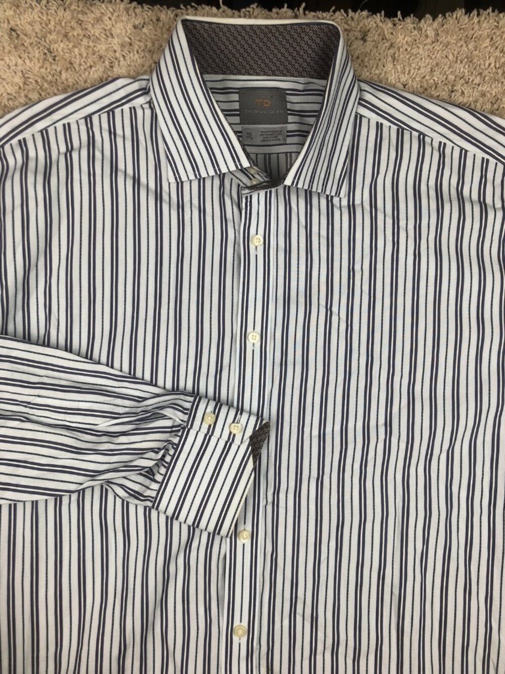 Thomas Dean Mens XXL Striped Button Up Long Sleeve Shirt Blue Cotton Fancy